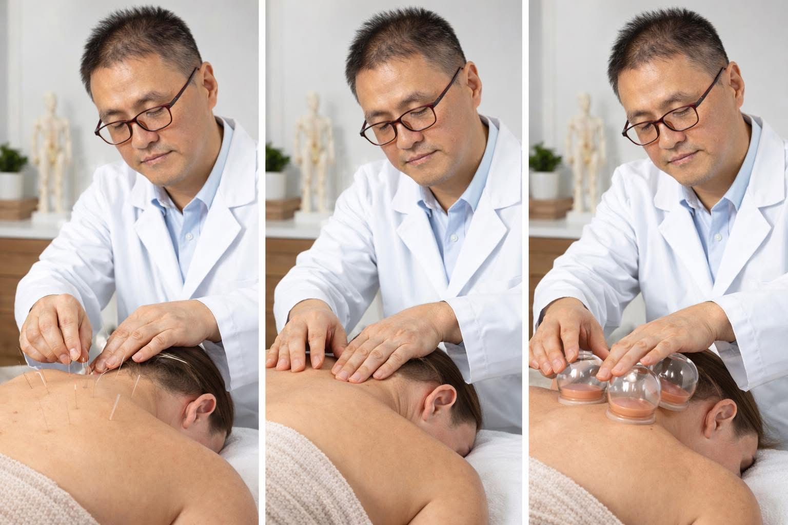 Wei Yan providing acupuncture, massage and cupping in clinic